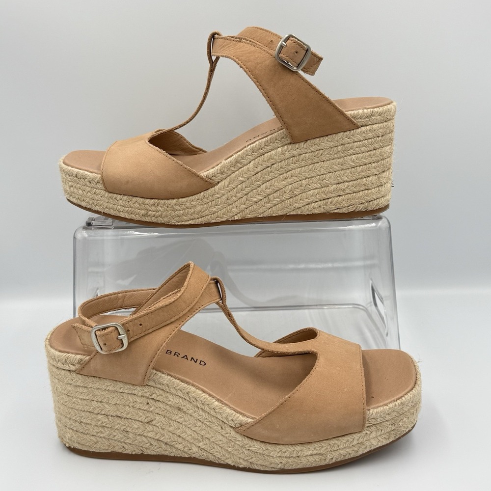 Lucky Brand Valki‎ Sandals Womens Sz 7M Beige Leather T-Strap Espadrille Wedge
